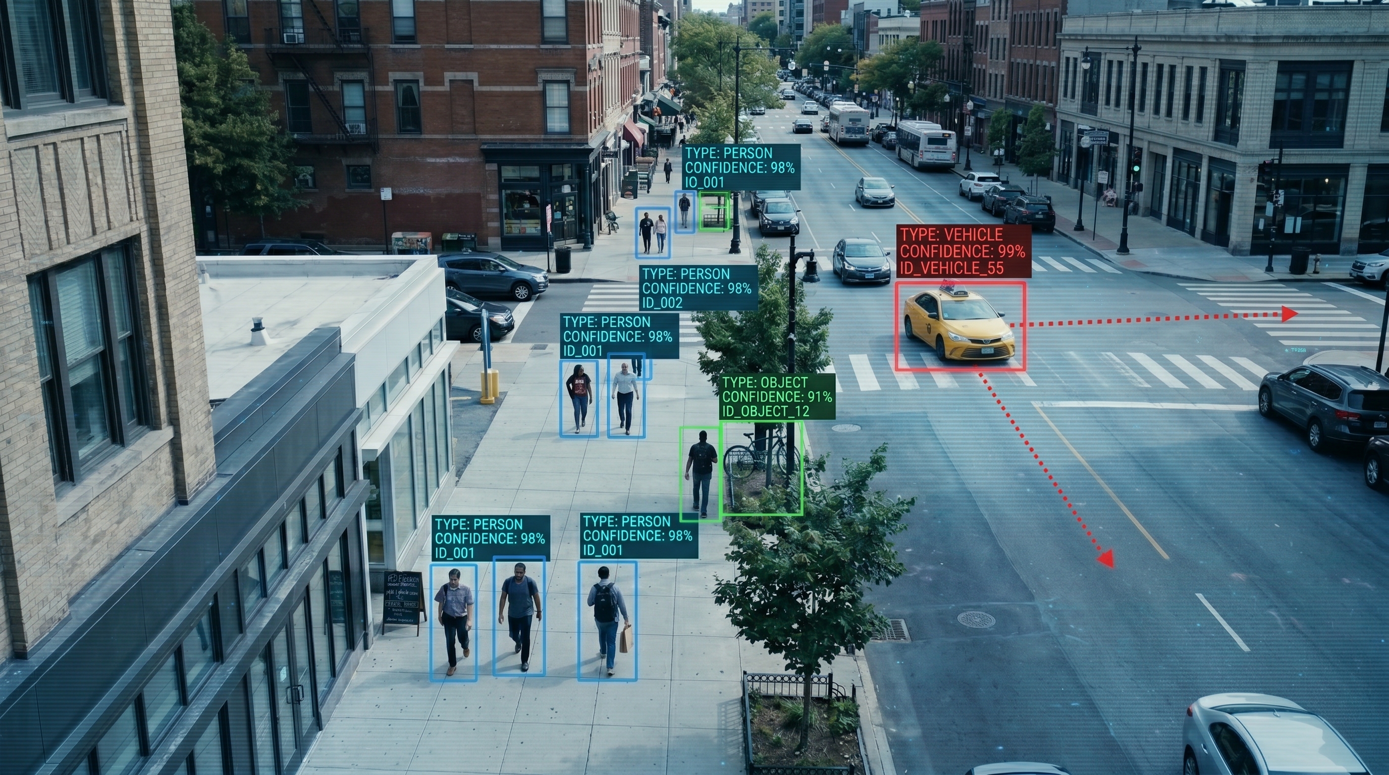 Vista de cámara con detección de personas y elementos de seguridad